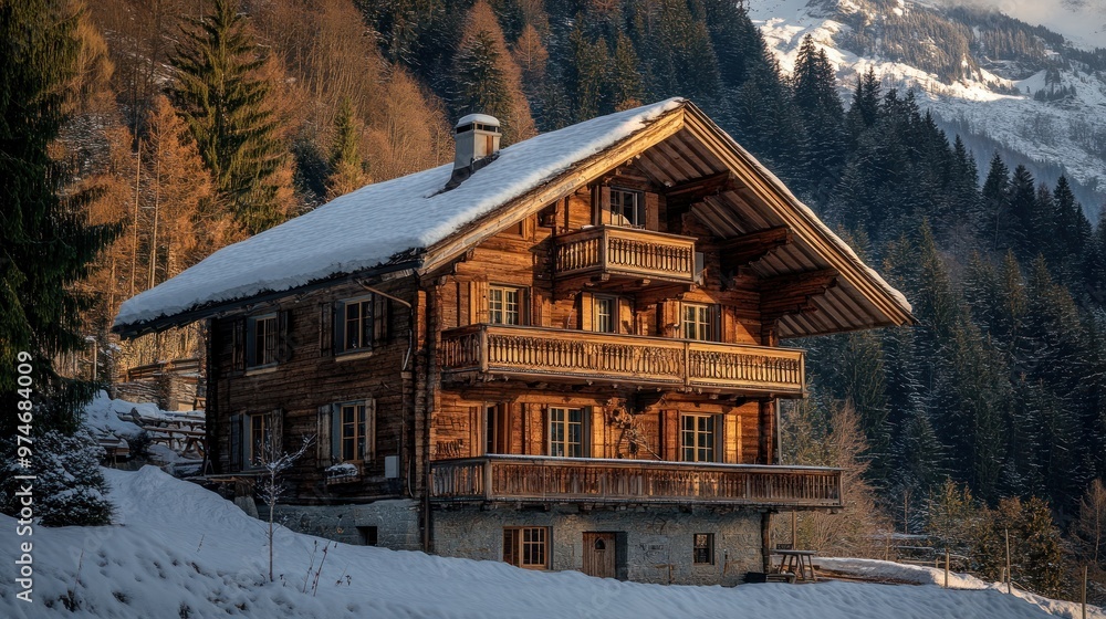 Sticker A picturesque wooden chalet surrounded by snow-covered mountains and trees.