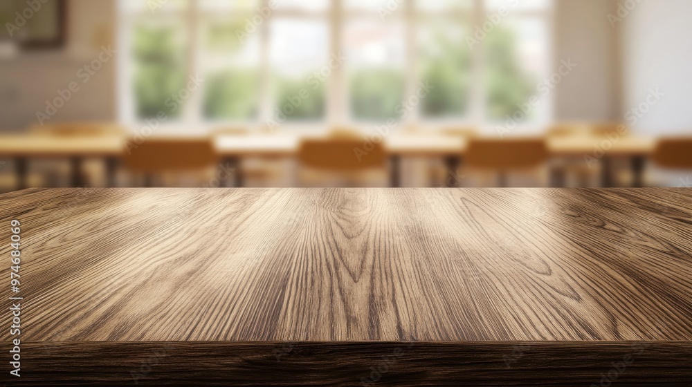 Canvas Prints A wooden table in a classroom setting with blurred chairs and windows in the background.