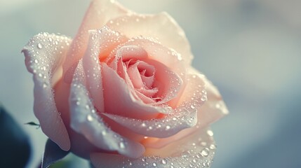 Fototapeta premium A high-resolution image of a single blooming rose with tiny water droplets on its petals, creating a fresh and elegant look against a soft focus backdrop