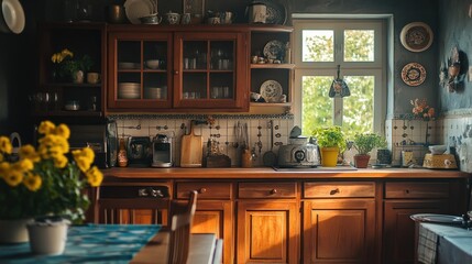 Cozy kitchen with wooden cabinets, plants, and warm sunlight streaming through the window.