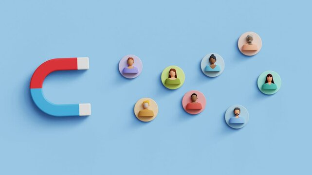 Customer acquisition concept. Business lead, Inbound marketing, customer retention. 3D magnet attract audience. 4K 3D animation. Trim first 3 sec for loop