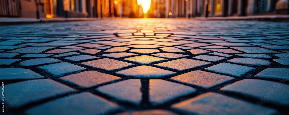Poster a captivating view of cobblestone streets at sunset, showcasing intricate patterns and warm light re