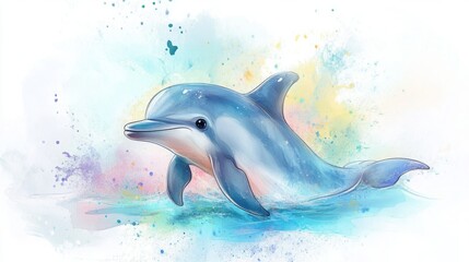 Fototapeta premium Full-body illustration of a cute dolphin with a fairytale face and big eyes in soft watercolor style. The dolphin is the central focus of the image, set against a magical background of light, dreamy c