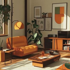 A cozy living room featuring orange furniture, plants, and framed artwork.