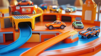Fototapeta premium A 3D toy car garage set, with different levels, ramps, and small vehicles in action
