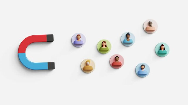 Customer acquisition. Business lead, Inbound marketing, customer retention, marketing segmentation, customer centric strategies. 3D magnet attract audience. 4K 3D animation. Trim first 3 sec for loop