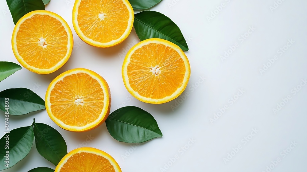 Poster Orange fruit with orange slices and leaves isolated on white background Orange with clipping path : Generative AI