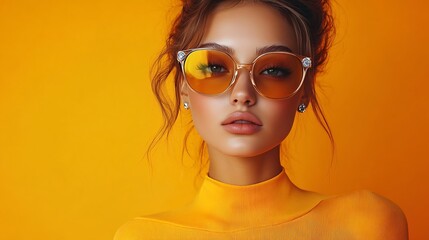 Fashion model girl posing in stylish diamondshaped glasses and an orange top on an orange studio background Fashion and style for sunglasses Summer haute couture collection : Generative AI