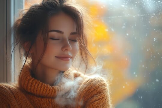 joyful woman savoring coffee by autumn window cozy sweater steam rising warm light fall foliage outside hygge lifestyle contentment personified