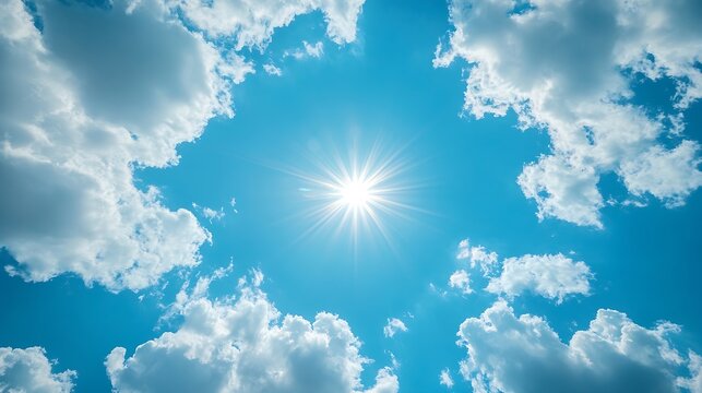 Bottom up view of blue sky with shining sun White fluffy clouds on a blue sky in spring season : Generative AI