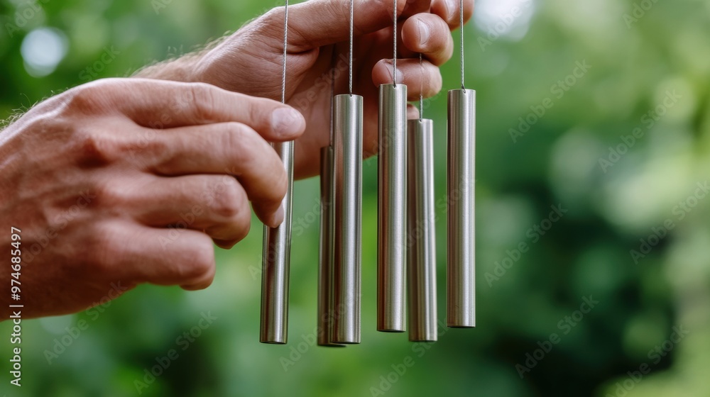 Poster A man holding a wind chime in his hands with some trees behind him, AI