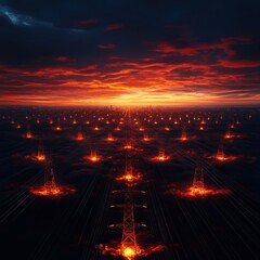 A dramatic sunset illuminates power lines against a fiery sky, symbolizing energy and nature's force in a captivating landscape.
