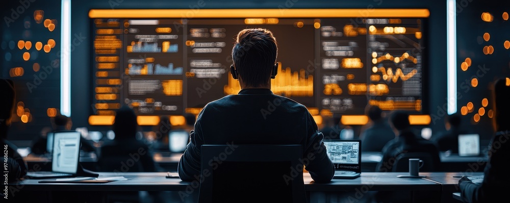 Poster a focused individual analyzes data on a large screen in a modern office environment, showcasing adva