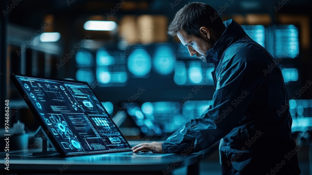 Poster a focused professional analyzes digital data on a high-tech screen in a modern workspace, showcasing