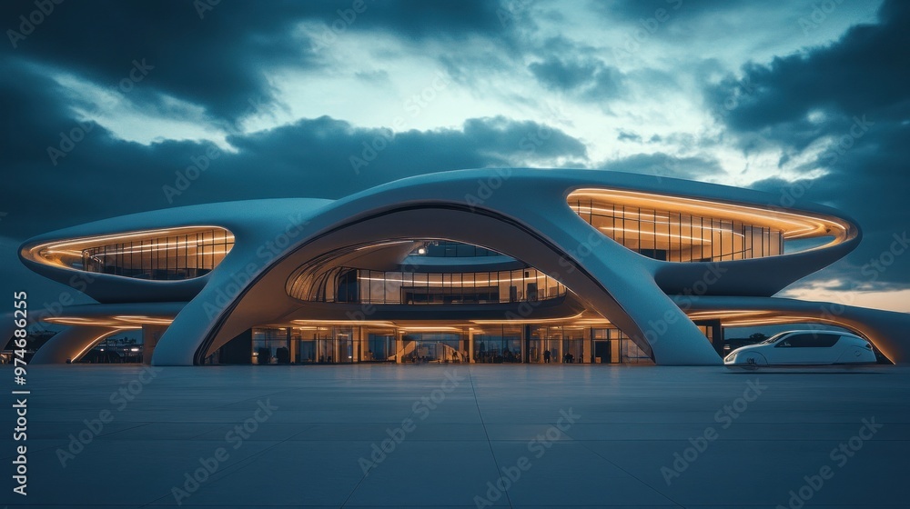 Poster a futuristic building with dynamic curves and illuminated features under a cloudy sky.