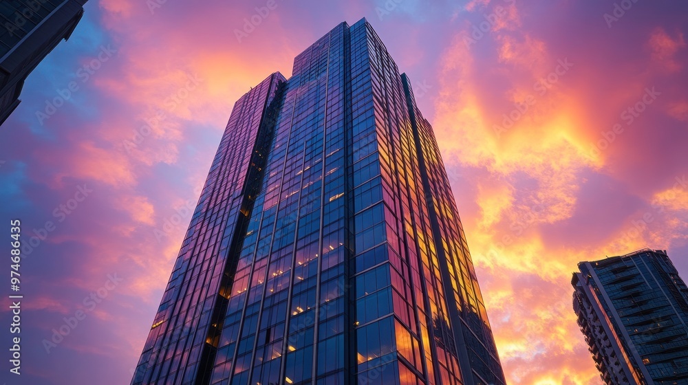 Sticker A modern skyscraper reflecting vibrant sunset colors in a cityscape.