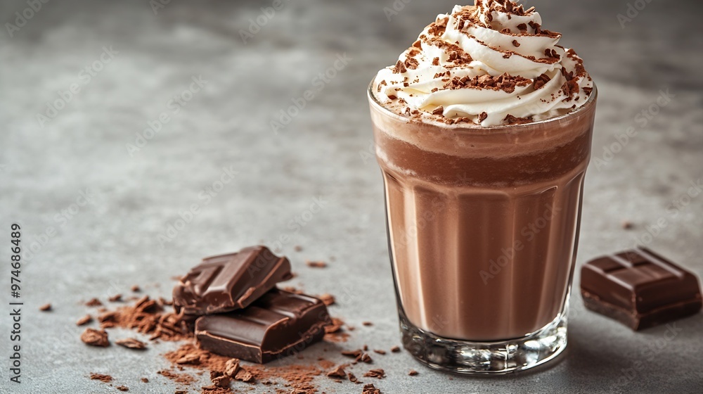 Poster chocolate milkshake with whipped cream served in glass on the light gray table : generative ai
