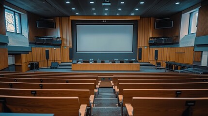 A modern auditorium with rows of seats facing a large screen and presentation area.