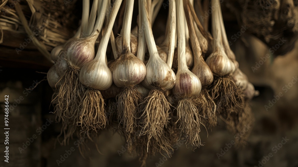 Poster a high-resolution image of garlic bulbs hanging in a bunch, with their roots and stems still attache
