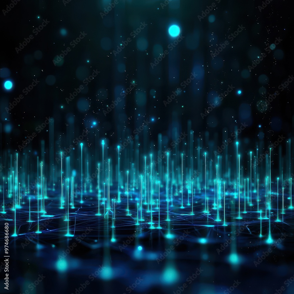 Poster a mesmerizing visual of glowing blue lines and particles creating an immersive digital landscape in 