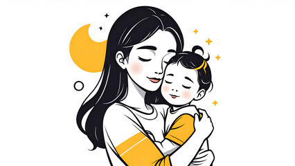 Obraz premium Mother's day, black and white image of mother and child. Vector illustration, icon, card, banner in minimalist style - generative AI
