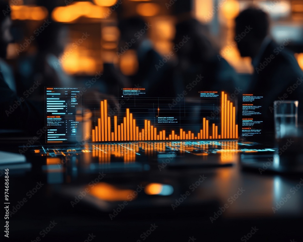 Poster a modern business meeting with data analytics visualized on a screen, showcasing growth and insights