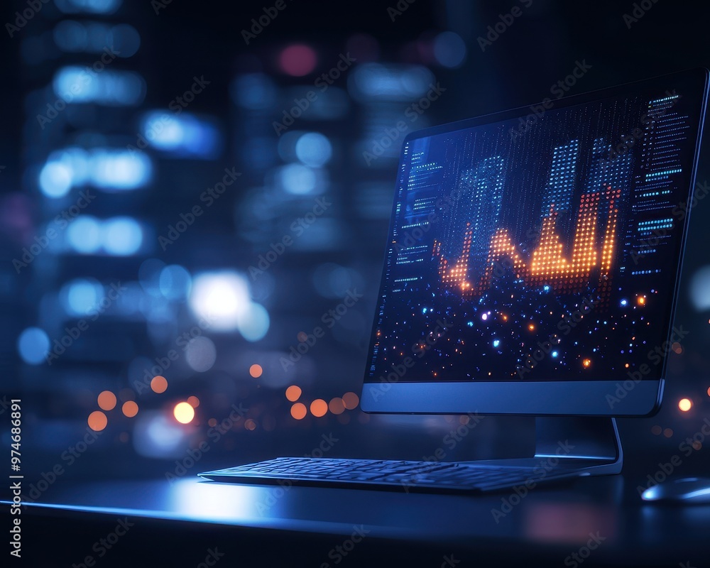 Poster a modern computer displaying vibrant visual data analysis at night, surrounded by a cityscape ambian