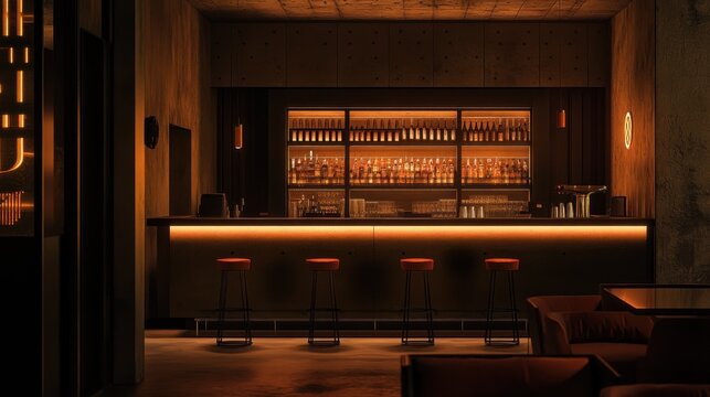 A stylish bar interior featuring illuminated shelves and seating, creating a cozy atmosphere.