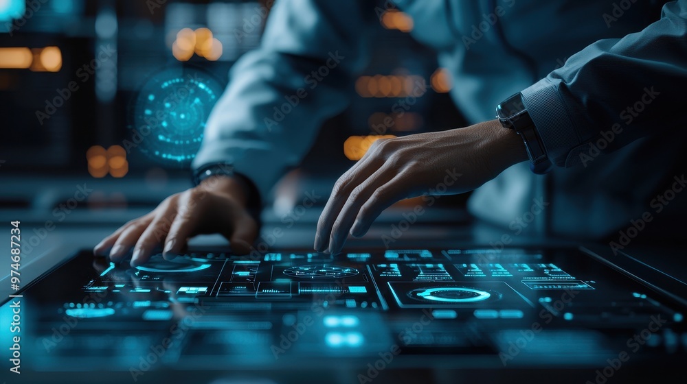 Poster a person interacts with a futuristic touchscreen interface in a high-tech environment, showcasing ad