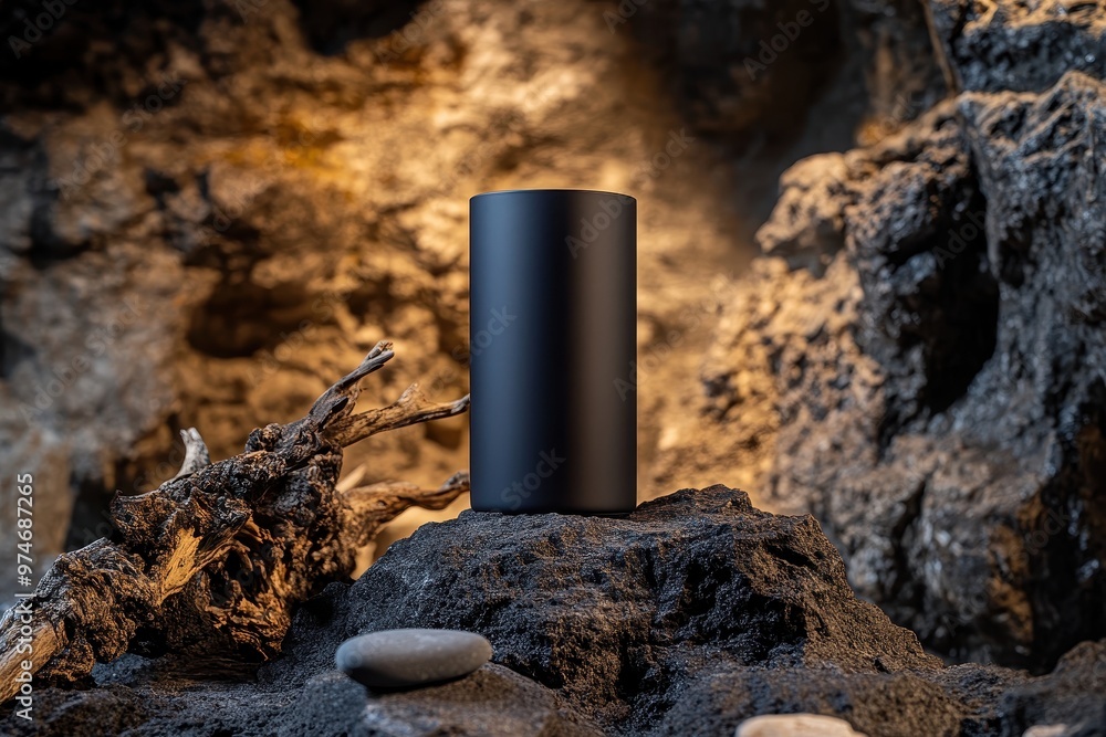 Poster a sleek black cylindrical object placed on textured rocks with a warm background glow.
