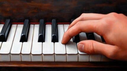 Fototapeta premium A hand playing a piano with white keys and black ones, AI