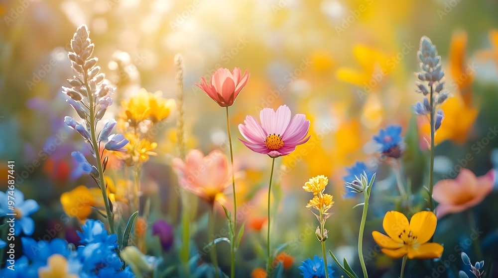 Wall mural Meadow colorful flowers  outdoors in sunny day on bright nature background vivid wild flowers in meadow in countryside  in summertime close up view : Generative AI