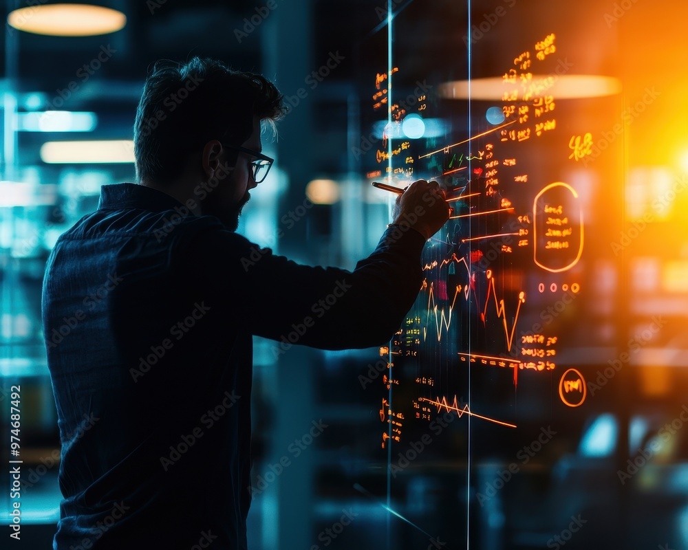 Poster a professional analyzing data on a glass screen using digital tools in a modern office environment.