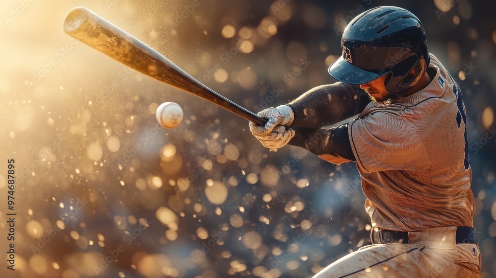 Wall mural A baseball player swings a bat at a pitch during a game, capturing dynamic action and energy.