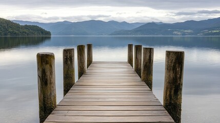 Fototapeta premium A serene wooden pier extends into a calm lake, surrounded by mountains under a cloudy sky.