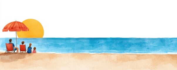 A serene beach scene featuring a family enjoying the sunset under an umbrella, capturing the essence of relaxation and togetherness.