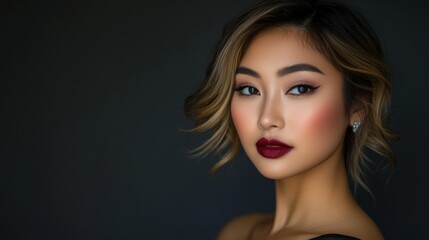 Naklejka premium A high-resolution portrait of a woman with elegant makeup and styled hair, exuding confidence and beauty in a professional setting.