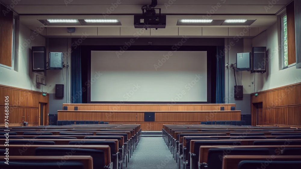 Poster a spacious auditorium with rows of seats facing a large blank screen.