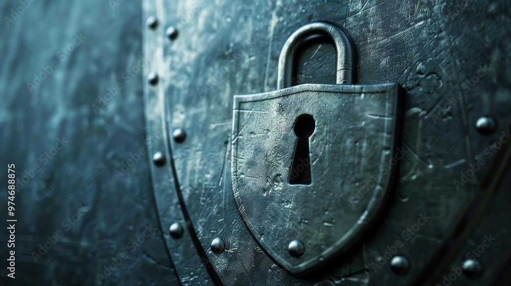 Poster close-up of a gray padlock in the form of a shield symbolizing security and confidentiality. technol