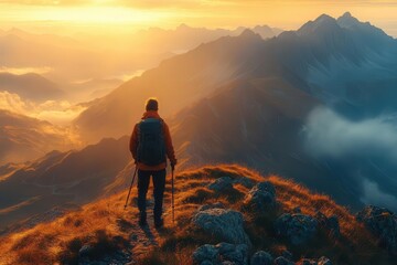 Fototapeta premium lone hiker silhouetted against majestic mountain panorama golden hour light casting long shadows across rugged peaks and misty valleys