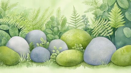 A serene illustration of smooth stones surrounded by lush greenery, creating a tranquil and peaceful natural setting.