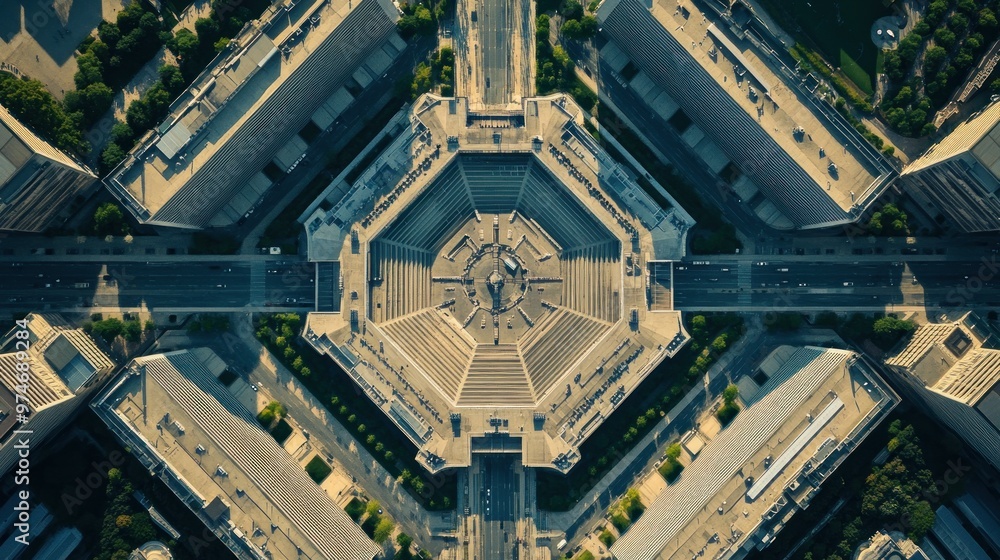 Poster aerial view of a complex urban layout featuring symmetrical buildings and intersecting roads.