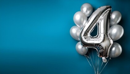 Banner with number 4 silver balloons with copy space