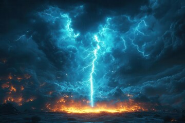 Fototapeta premium luminous lightning bolt piercing through ominous storm clouds illuminating a desolate landscape with electric blue brilliance against a pitchblack sky