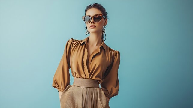 Portrait of a stylish fashion model girl posing in a designer brown blouse and wide leg pants Gray background Stylish sunglasses Haute couture collection : Generative AI - Powered by Adobe