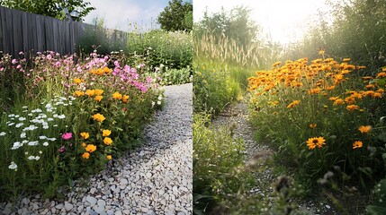Garden Transformation: Vibrant Blooms vs. Overgrown Weeds in Before and After Comparison on Neutral Background