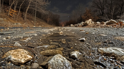 Obraz premium A dirt, unpaved road at night surrounded by forest. Nature concept.