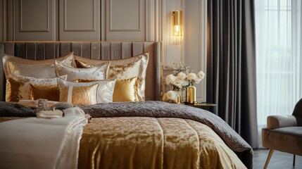 Luxurious bedroom featuring elegant bedding and decorative elements for comfort and style.