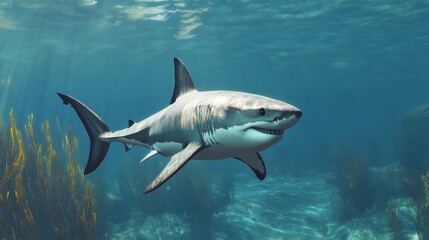 Fototapeta premium A majestic great white shark swimming effortlessly through clear, blue water, with its streamlined body and powerful tail visible in the underwater scene.