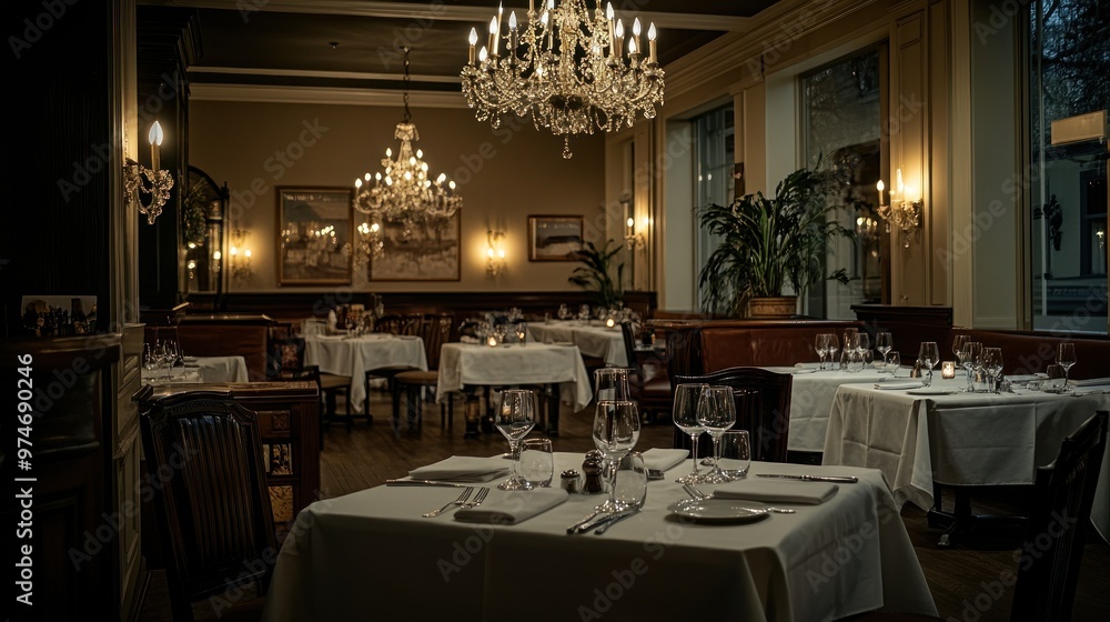 Wall mural Elegant restaurant interior with chandeliers, tables set for dining, and a warm ambiance.